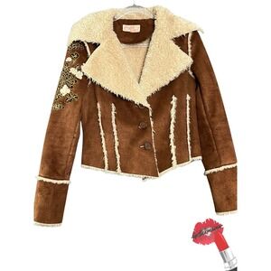 Candies‎ Jacket Womens Large Penny Lane Floral Embroidered Sherpa Coat Y2K